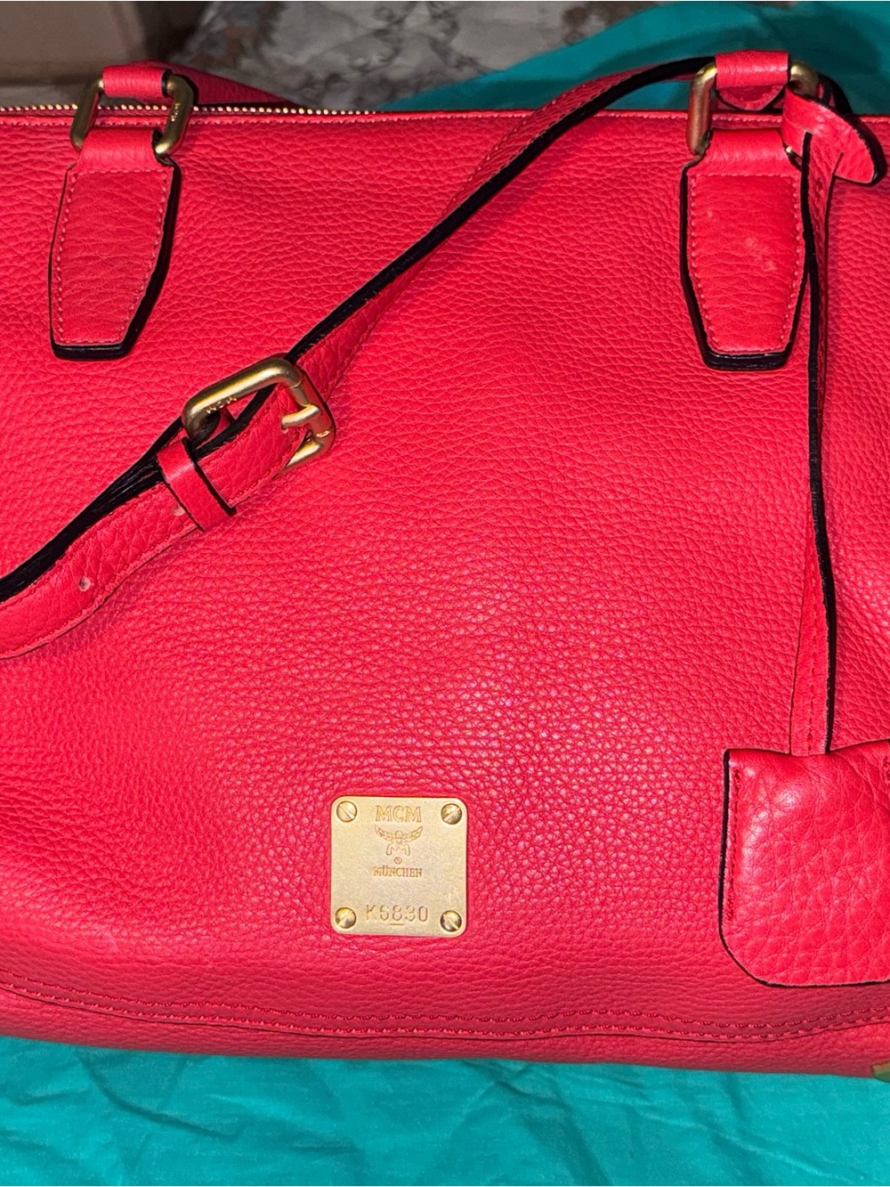 MCM Red Pebbled Leather Tote with Gold Hardware